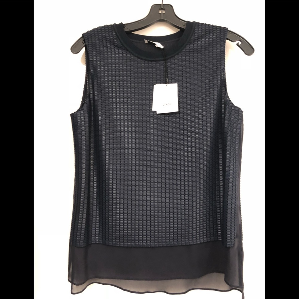 VINCE Navy mixed media sleeveless blouse